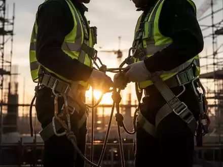 Ein Arbeiter in einer Absturzsicherungsausrüstung auf einer Baustelle, der seine Ausrüstung überprüft. Der Fokus liegt auf Sicherheit und Prävention. - Foto: über boerse-global.de