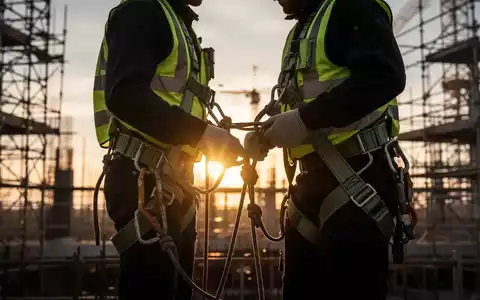 Ein Arbeiter in einer AbsturzsicherungsausrĂŒstung auf einer Baustelle, der seine AusrĂŒstung ĂŒberprĂŒft. Der Fokus liegt auf Sicherheit und PrĂ€vention. - Foto: ĂŒber boerse-global.de