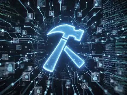 Leuchtend blaues Hammersymbol auf digitalem Netzwerk, symbolisiert BlueHammer-Schwachstelle und Cybersicherheitsbedrohungen. - Foto: über boerse-global.de