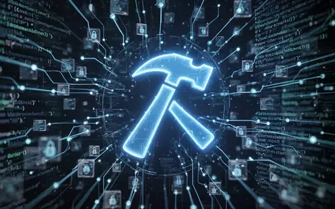 Leuchtend blaues Hammersymbol auf digitalem Netzwerk, symbolisiert BlueHammer-Schwachstelle und Cybersicherheitsbedrohungen. - Foto: über boerse-global.de
