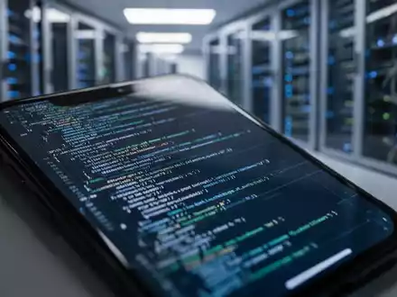 Nahaufnahme eines Smartphone-Bildschirms mit abstraktem Code, unscharfer Hintergrund mit Netzwerkservern. - Foto: über boerse-global.de