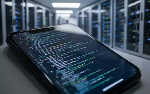 Nahaufnahme eines Smartphone-Bildschirms mit abstraktem Code, unscharfer Hintergrund mit Netzwerkservern. - Foto: über boerse-global.de