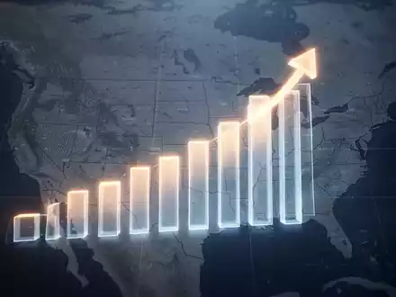 Eine stilisierte, leuchtende Balkendiagramm-Grafik zeigt einen Aufwärtstrend vor einer angedeuteten Nordamerika-Karte. - Foto: über boerse-global.de