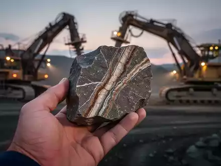 Nahaufnahme einer Hand, die eine Bohrkernprobe mit deutlichen Mineraladern hält, im Hintergrund eine unscharfe Bergbaustätte. - Foto: über boerse-global.de
