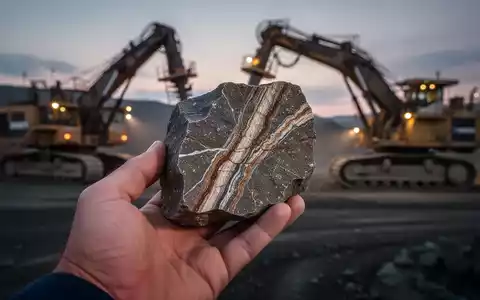 Nahaufnahme einer Hand, die eine Bohrkernprobe mit deutlichen Mineraladern hält, im Hintergrund eine unscharfe Bergbaustätte. - Foto: über boerse-global.de