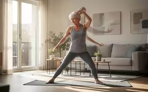 Ältere Frau (60+) in Sportkleidung, die sanfte Dehnübungen in einem hellen Wohnzimmer ausführt. - Foto: über boerse-global.de