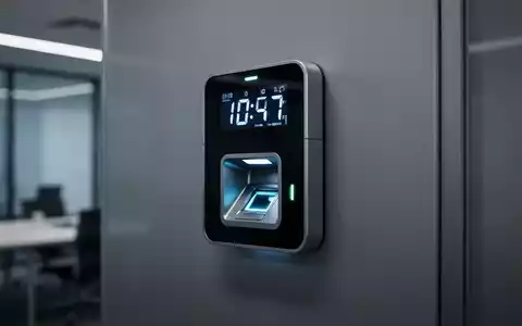 Ein modernes digitales Zeiterfassungsterminal mit einem Display, das die Uhrzeit anzeigt, an einer Bürowand. - Foto: über boerse-global.de