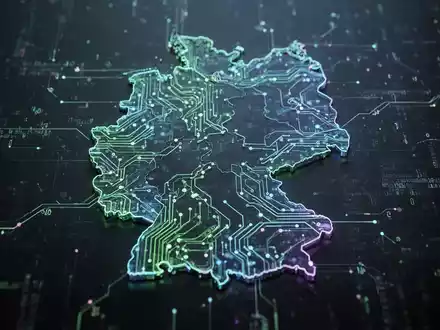Stilisierte digitale Karte Deutschlands mit leuchtenden neuronalen Netzlinien, die KI und digitale Infrastruktur darstellen. - Foto: über boerse-global.de