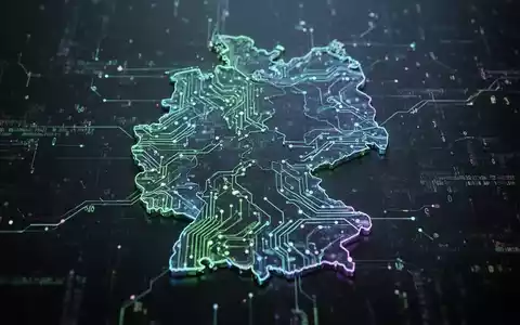 Stilisierte digitale Karte Deutschlands mit leuchtenden neuronalen Netzlinien, die KI und digitale Infrastruktur darstellen. - Foto: über boerse-global.de