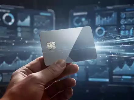 Eine Hand hält eine moderne, minimalistische Zahlungskarte mit schlankem Design vor einem unscharfen Hintergrund digitaler Bankschnittstellen. - Foto: über boerse-global.de