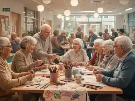 Eine Gruppe älterer Menschen lacht und interagiert bei einer Gemeinschaftsaktivität in einem hellen Raum. - Foto: über boerse-global.de