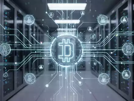 Glühendes digitales Netzwerk aus Linien und Knoten, das KI-Agenten und Krypto-Schienen darstellt, die auf ein Blockchain-Symbol in einem Rechenzentrum zulaufen. - Foto: über boerse-global.de