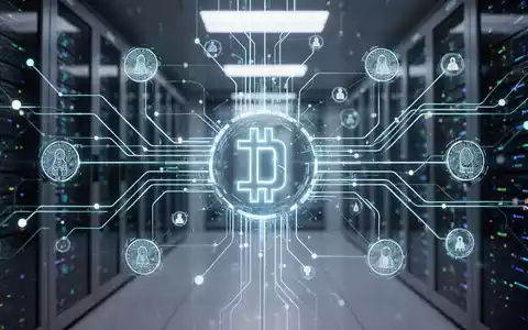 Glühendes digitales Netzwerk aus Linien und Knoten, das KI-Agenten und Krypto-Schienen darstellt, die auf ein Blockchain-Symbol in einem Rechenzentrum zulaufen. - Foto: über boerse-global.de