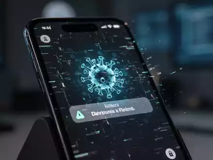 Ein iPhone-Bildschirm zeigt eine rote Virenwarnung mit digitalen Störungen, die mobile Sicherheitsbedrohungen symbolisiert. - Foto: über boerse-global.de
