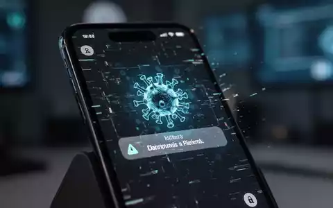 Ein iPhone-Bildschirm zeigt eine rote Virenwarnung mit digitalen Störungen, die mobile Sicherheitsbedrohungen symbolisiert. - Foto: über boerse-global.de