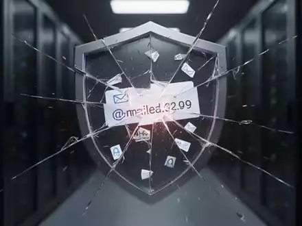 Ein zerbrochenes digitales Schild-Symbol mit Rissen, die Teile einer E-Mail-Adresse oder persönlicher Daten enthüllen, im Vordergrund. - Foto: über boerse-global.de
