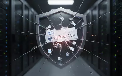 Ein zerbrochenes digitales Schild-Symbol mit Rissen, die Teile einer E-Mail-Adresse oder persönlicher Daten enthüllen, im Vordergrund. - Foto: über boerse-global.de