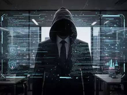 Eine schattenhafte Figur im Anzug vor einer holografischen Anzeige mit Code und Datenströmen, symbolisiert Cyberrisiken und Haftung. - Foto: über boerse-global.de