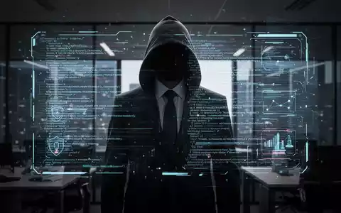 Eine schattenhafte Figur im Anzug vor einer holografischen Anzeige mit Code und Datenströmen, symbolisiert Cyberrisiken und Haftung. - Foto: über boerse-global.de