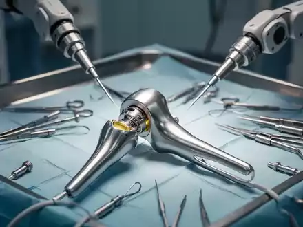 Knieprothese und chirurgische Instrumente auf einem sterilen Tablett, symbolisiert medizinische Innovation und Robotik in der Orthopädie. - Foto: über boerse-global.de