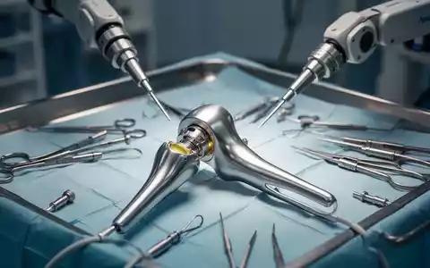 Knieprothese und chirurgische Instrumente auf einem sterilen Tablett, symbolisiert medizinische Innovation und Robotik in der Orthopädie. - Foto: über boerse-global.de