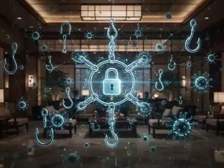 Abstrakte Blockchain mit Phishing-Haken und Malware-Symbolen, die auf japanische Hotellobby zielen. - Foto: über boerse-global.de