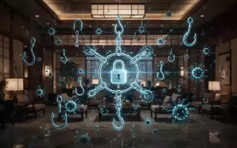 Abstrakte Blockchain mit Phishing-Haken und Malware-Symbolen, die auf japanische Hotellobby zielen. - Foto: über boerse-global.de