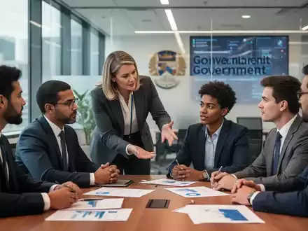 Eine Gruppe von Geschäftsleuten bei einer Beratungssitzung in einem modernen Büro, ein erfahrener Berater gibt einem jungen Unternehmer Ratschläge. - Foto: über boerse-global.de