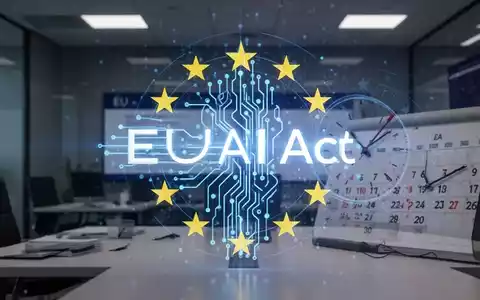 Abstrakte Darstellung des EU AI Act mit einer digitalen Uhr, die Fristen symbolisiert, in einem modernen Büroumfeld. - Foto: über boerse-global.de