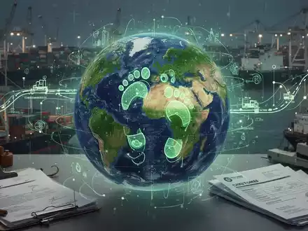 Eine stilisierte Weltkugel mit digitalem CO2-Fußabdruck-Overlay, umgeben von Industrielieferketten und Zollunterlagen. - Foto: über boerse-global.de