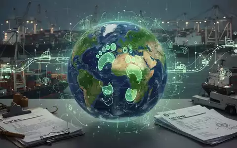 Eine stilisierte Weltkugel mit digitalem CO2-Fußabdruck-Overlay, umgeben von Industrielieferketten und Zollunterlagen. - Foto: über boerse-global.de