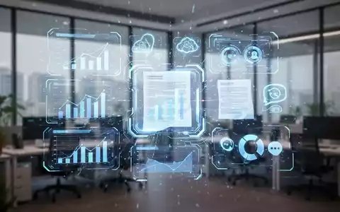 Holografische Schnittstelle mit KI-gestützten Produktivitätstools über einem modernen Büro in Bengaluru, Symbol einer neuen Unternehmensplattform. - Foto: über boerse-global.de