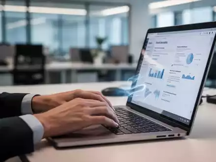 Hände tippen auf einer Laptoptastatur, mit einem unscharfen Hintergrund, der ein modernes Büro zeigt. Fokus auf Ergonomie und Gesundheit. - Foto: über boerse-global.de
