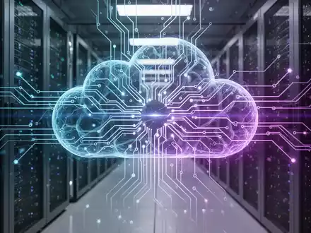 Leuchtendes neuronales Netzwerk über Server-Racks in einem Rechenzentrum, das KI-Cloud-Infrastruktur darstellt. - Foto: über boerse-global.de