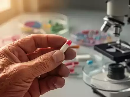 Eine Nahaufnahme der Hand einer älteren Person, die eine probiotische Kapsel hält, mit verschwommenem wissenschaftlichem Hintergrund. - Foto: über boerse-global.de