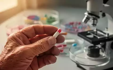 Eine Nahaufnahme der Hand einer älteren Person, die eine probiotische Kapsel hält, mit verschwommenem wissenschaftlichem Hintergrund. - Foto: über boerse-global.de