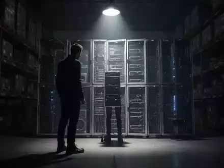 Eine dunkle Figur im Schatten eines Lagerhauses, beleuchtet von einem Scheinwerfer, blickt auf Server-Racks. - Foto: über boerse-global.de