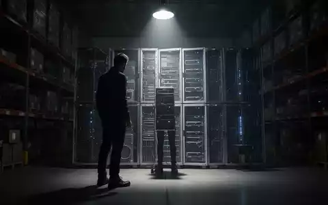 Eine dunkle Figur im Schatten eines Lagerhauses, beleuchtet von einem Scheinwerfer, blickt auf Server-Racks. - Foto: über boerse-global.de