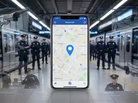 Ein Smartphone-Bildschirm zeigt eine Karte mit GPS-Ortung, überlagert von stilisierten Überwachungsbildern und Polizeibeamten in einem Bahnhof. - Foto: über boerse-global.de