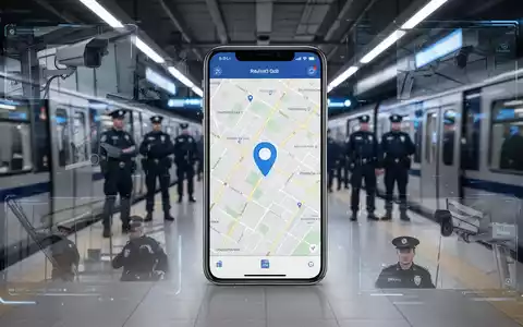 Ein Smartphone-Bildschirm zeigt eine Karte mit GPS-Ortung, überlagert von stilisierten Überwachungsbildern und Polizeibeamten in einem Bahnhof. - Foto: über boerse-global.de