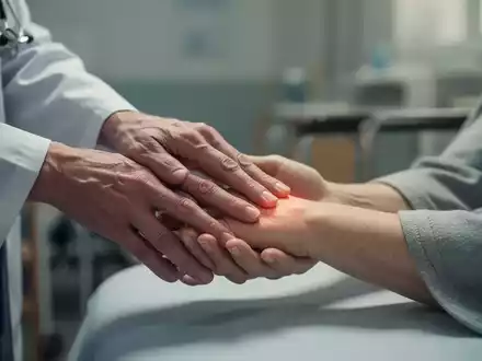 Hände einer Pflegekraft, die sanft Akupressurpunkte an der Hand eines Patienten in einer palliativen Umgebung stimuliert. - Foto: über boerse-global.de