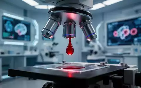 Ein Blutstropfen unter einem Mikroskop in einem Labor, der die Früherkennung von Alzheimer symbolisiert. - Foto: über boerse-global.de