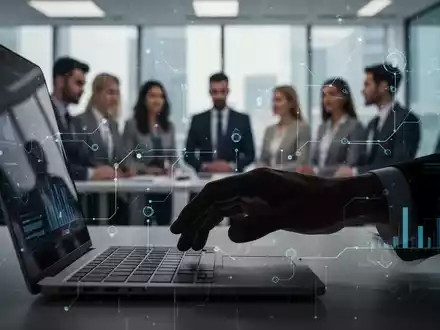 Eine Hand tippt auf einer Laptoptastatur, im Hintergrund verschwommen Büroangestellte. Überlagernde digitale Elemente symbolisieren Datenschutz und Überwachung. - Foto: über boerse-global.de