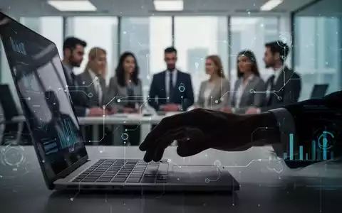 Eine Hand tippt auf einer Laptoptastatur, im Hintergrund verschwommen Büroangestellte. Überlagernde digitale Elemente symbolisieren Datenschutz und Überwachung. - Foto: über boerse-global.de