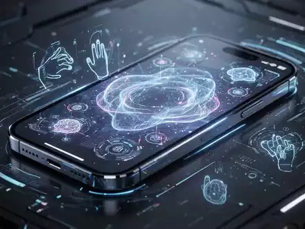 Nahaufnahme eines futuristischen iPhone-Bildschirms mit komplexer, leuchtender Benutzeroberfläche aus abstrakten Linien und Symbolen, die neue KI-Gesten darstellt. - Foto: über boerse-global.de