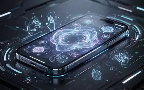 Nahaufnahme eines futuristischen iPhone-Bildschirms mit komplexer, leuchtender Benutzeroberfläche aus abstrakten Linien und Symbolen, die neue KI-Gesten darstellt. - Foto: über boerse-global.de