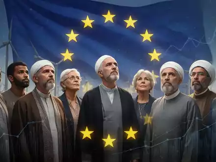 Eine diverse Gruppe von Menschen, die verschiedene religiöse Hintergründe repräsentieren, blickt ernsthaft auf eine stilisierte, leuchtende EU-Flagge. - Foto: über boerse-global.de