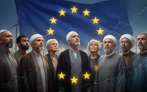 Eine diverse Gruppe von Menschen, die verschiedene religiöse Hintergründe repräsentieren, blickt ernsthaft auf eine stilisierte, leuchtende EU-Flagge. - Foto: über boerse-global.de