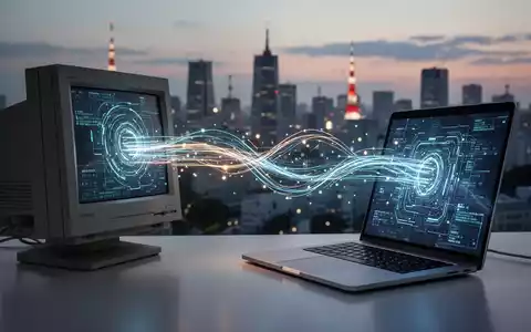 Ein leuchtender Datenstrom verbindet einen Ă€lteren PC-Monitor mit einem modernen Laptop, symbolisiert Datenmigration. Verschwommene Tokioter Skyline. - Foto: ĂŒber boerse-global.de