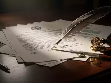 Eine Nahaufnahme von rechtlichen Dokumenten, einem Siegel und einem Stift auf einem dunklen Holztisch, beleuchtet von weichem Licht. - Foto: über boerse-global.de